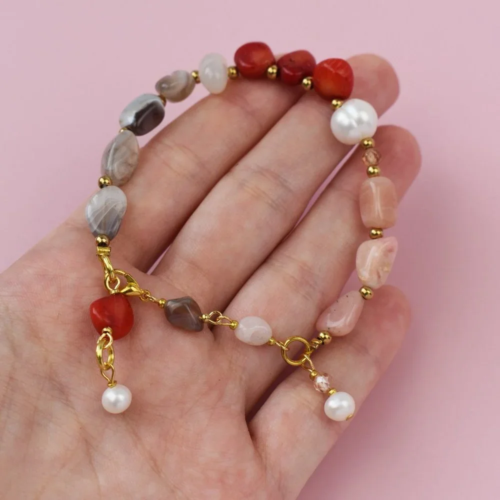 Mismatched beaded bracelet, red coral and pearl bracelet handmade